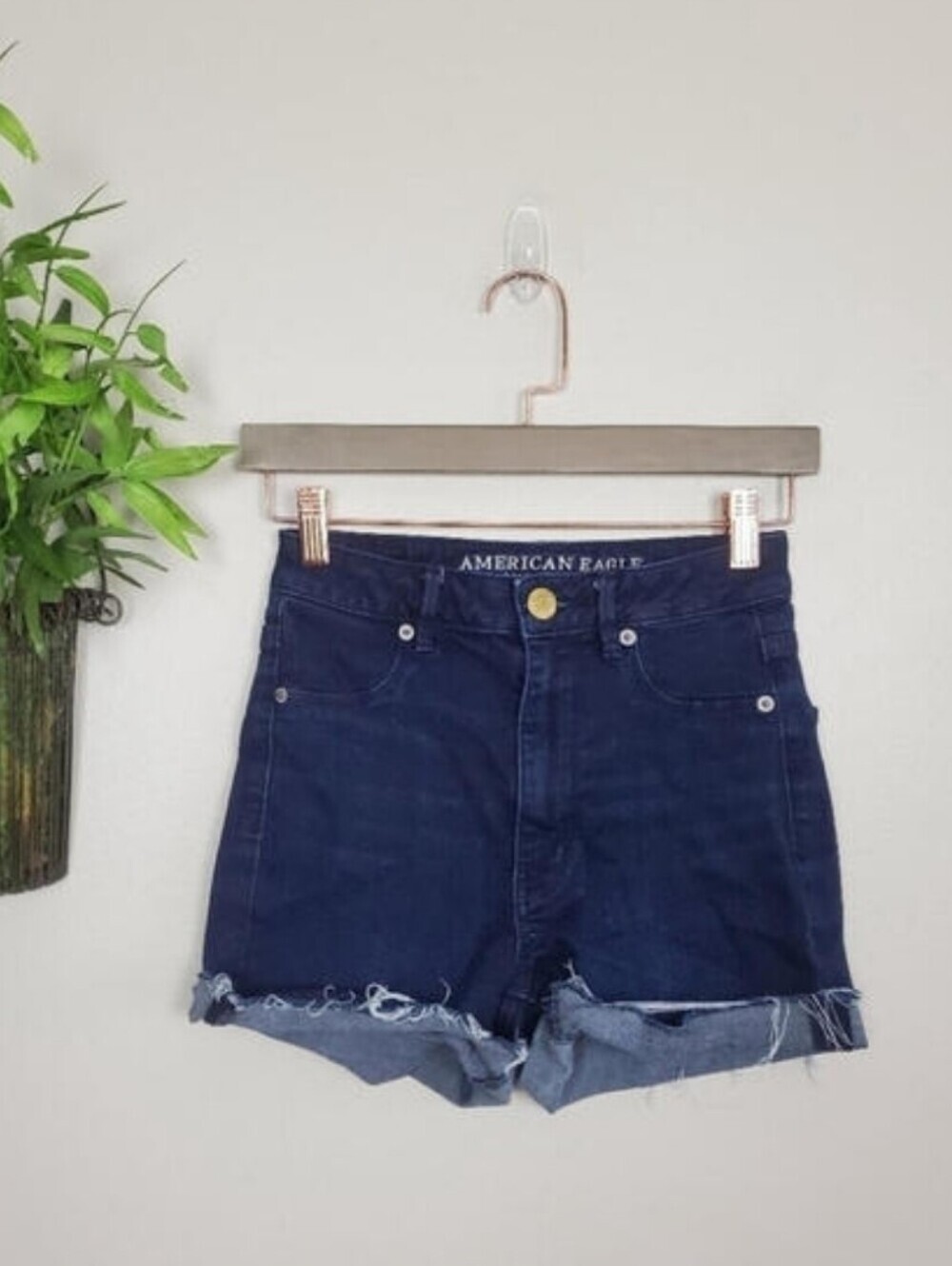 AE 2 Super Stretch Hi Rise Jean Dark Wash Cut Off Rolled Shorts American Eagle